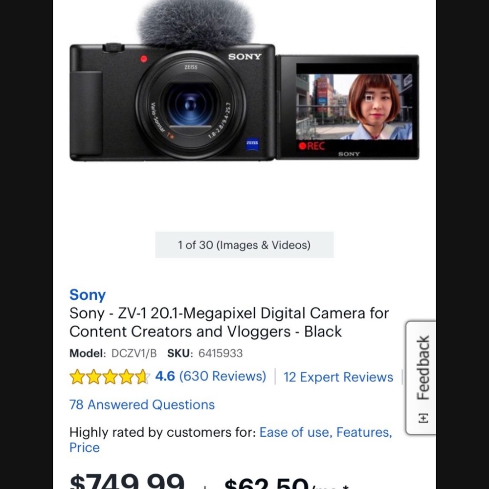 Sony - ZV-1 20.1-Megapixel Digital Camera for Content Creators and Vloggers - Bl